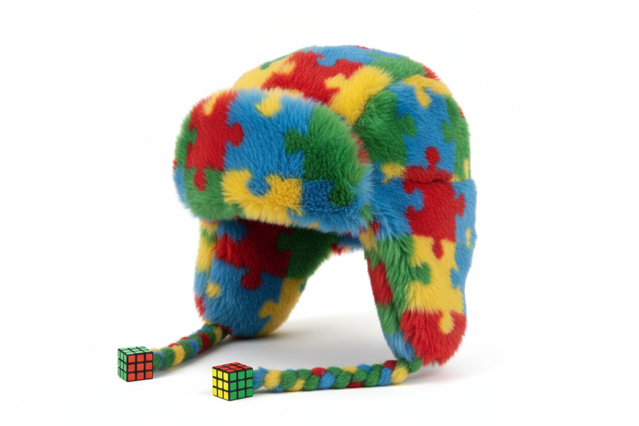 Autism Awareness Puzzle Pieces Furry Hat with Rubik's Cube Strings