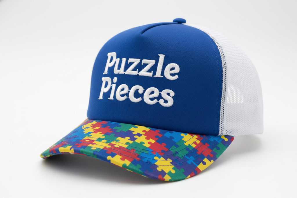 Blue and White Puzzle Pieces Trucker Hat