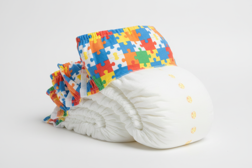 Diapers with puzzle piece prints on waistband