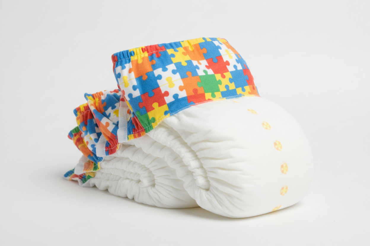 Diapers with puzzle piece prints on waistband