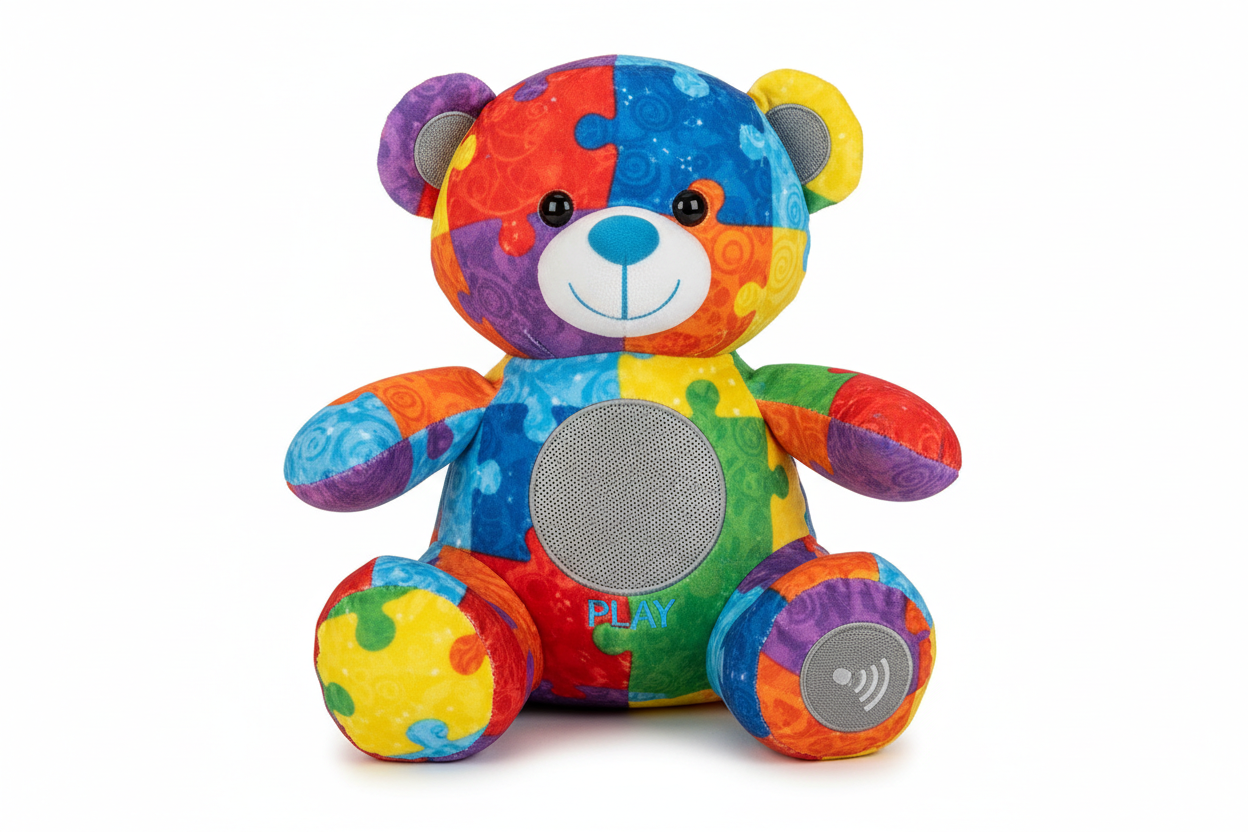 Interactive teddy bear with puzzle pieces and sound button