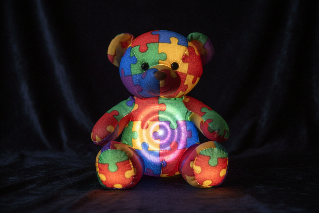 Light-up teddy bear with glowing puzzle pieces