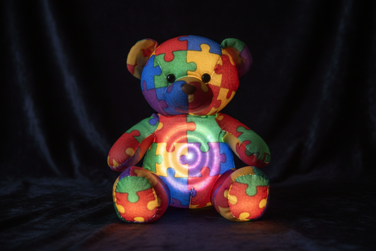 Light-up teddy bear with glowing puzzle pieces