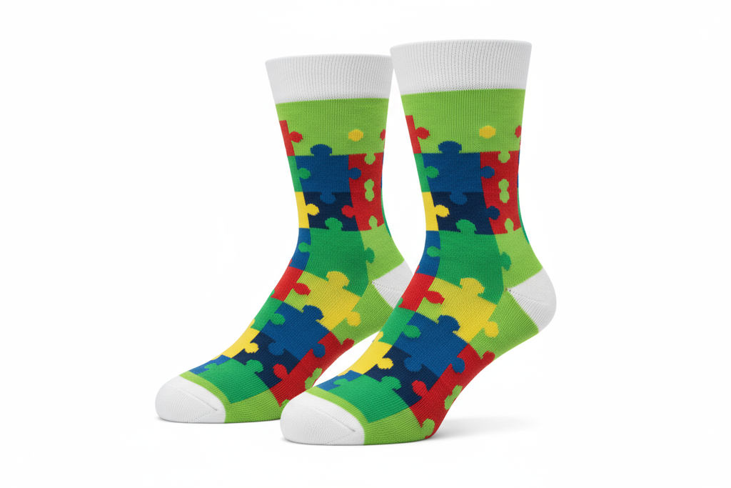 Lime Green and White Autism Awareness Puzzle Pieces Socks