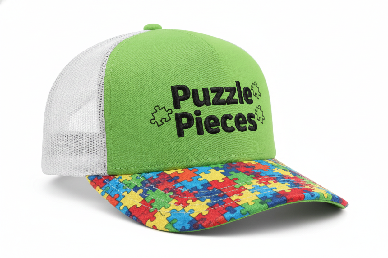 Lime Green and White Puzzle Pieces Trucker Hat