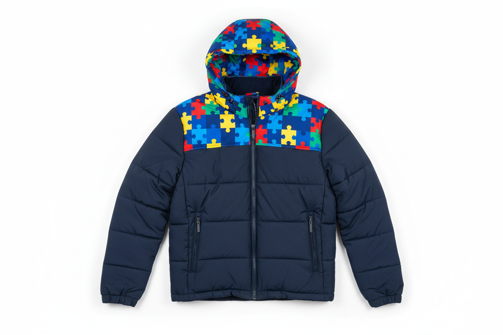 Men's Navy Puffer Jacket - Autism Awareness