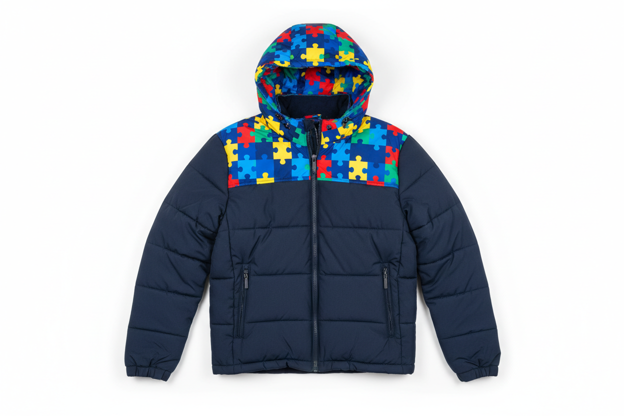 Men's Navy Puffer Jacket - Autism Awareness