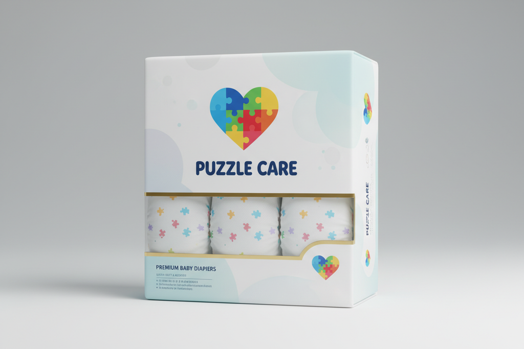 Premium diaper package with puzzle piece heart logo
