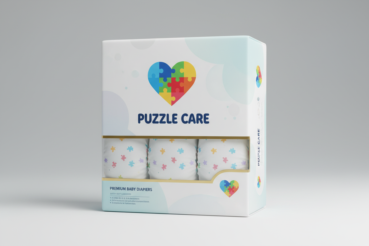 Premium diaper package with puzzle piece heart logo