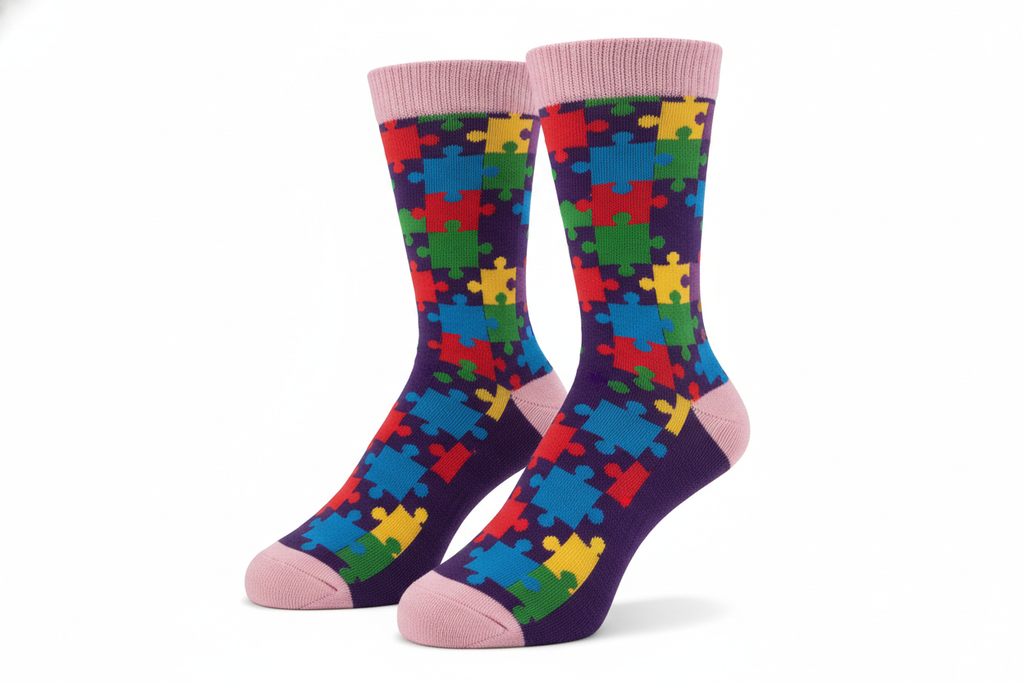 Purple and Pink Autism Awareness Puzzle Pieces Socks