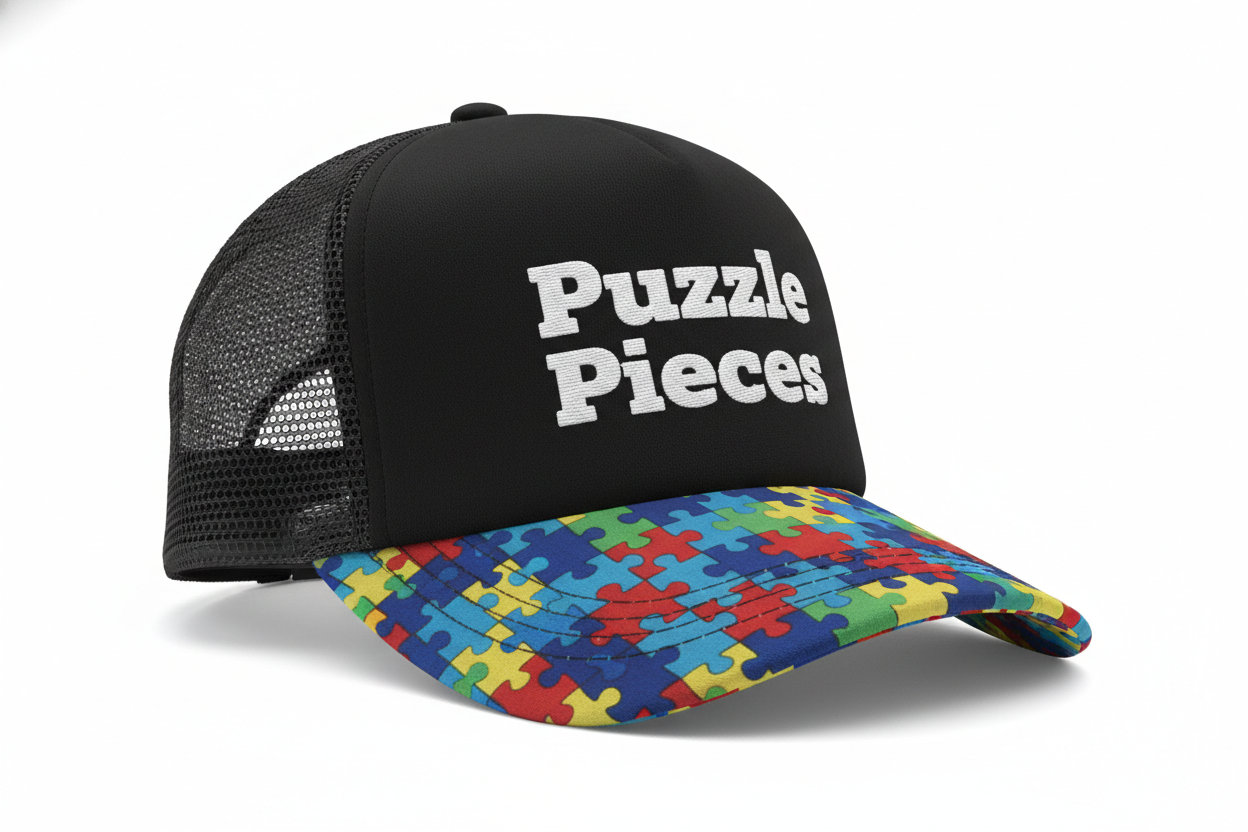 Puzzle Pieces Trucker Hat with Under Brim Design