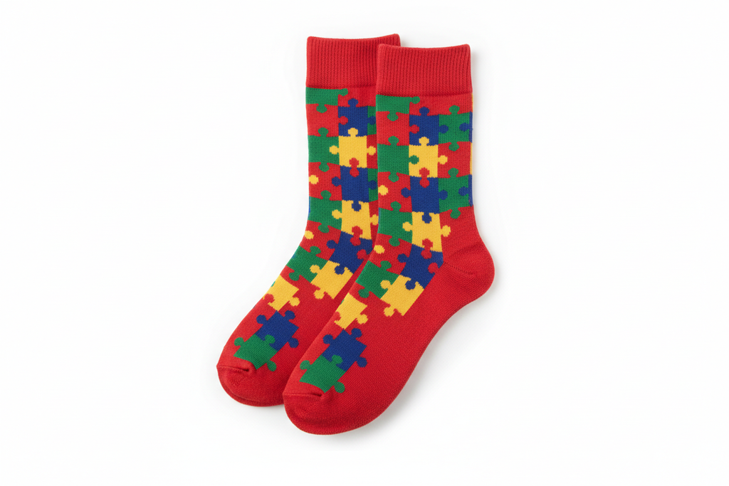 Red Autism Awareness Puzzle Pieces Socks