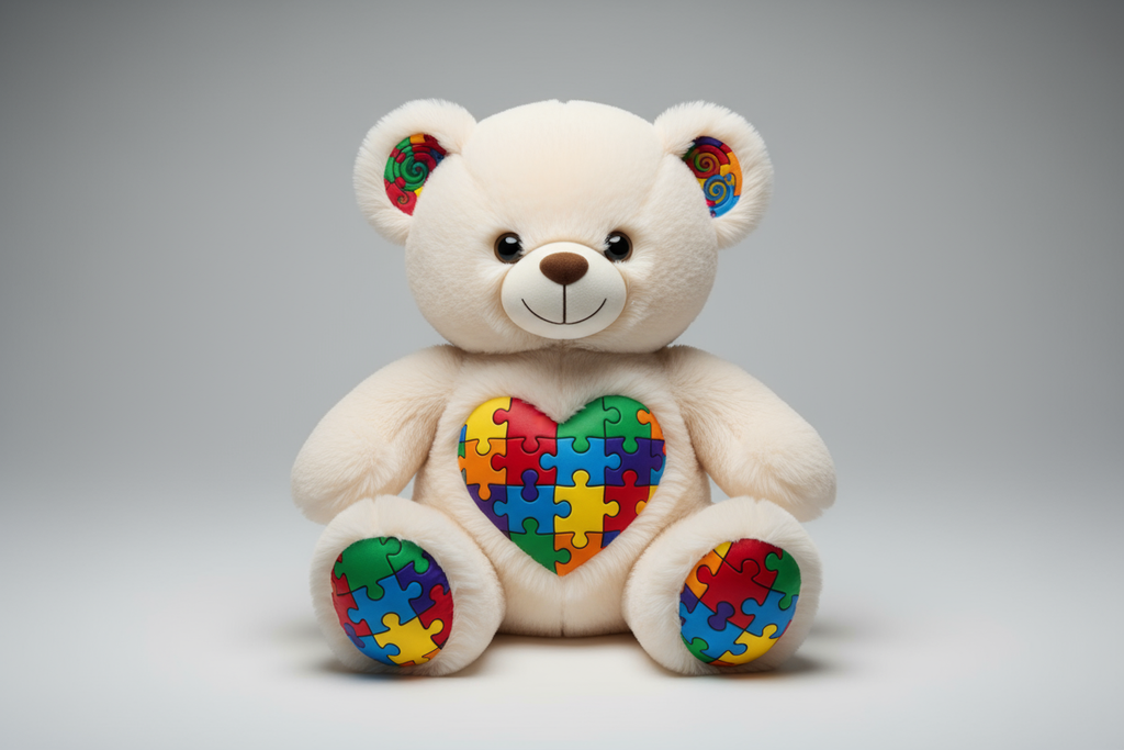 Teddy bear with puzzle piece heart design